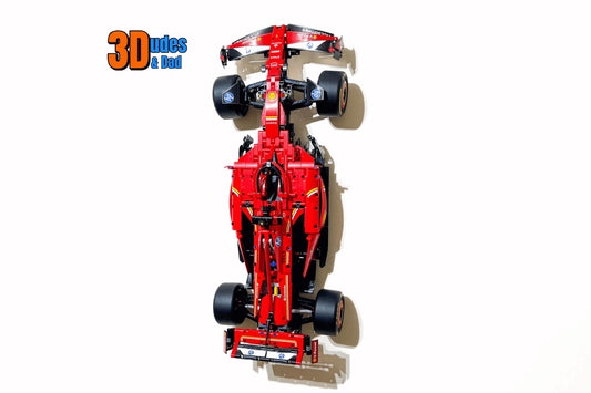 Isometric view of LEGO Technic Ferrari SF-24 F1 car (set 42207) mounted on a wall using a 3Dudes & Dad display bracket.